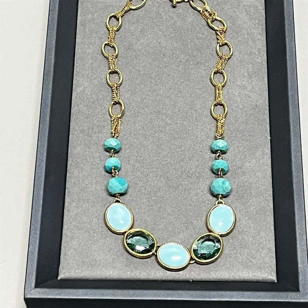 Monet Gold‎ Tone Aqua Cabochon Beaded Necklace 18” Toggle Statement